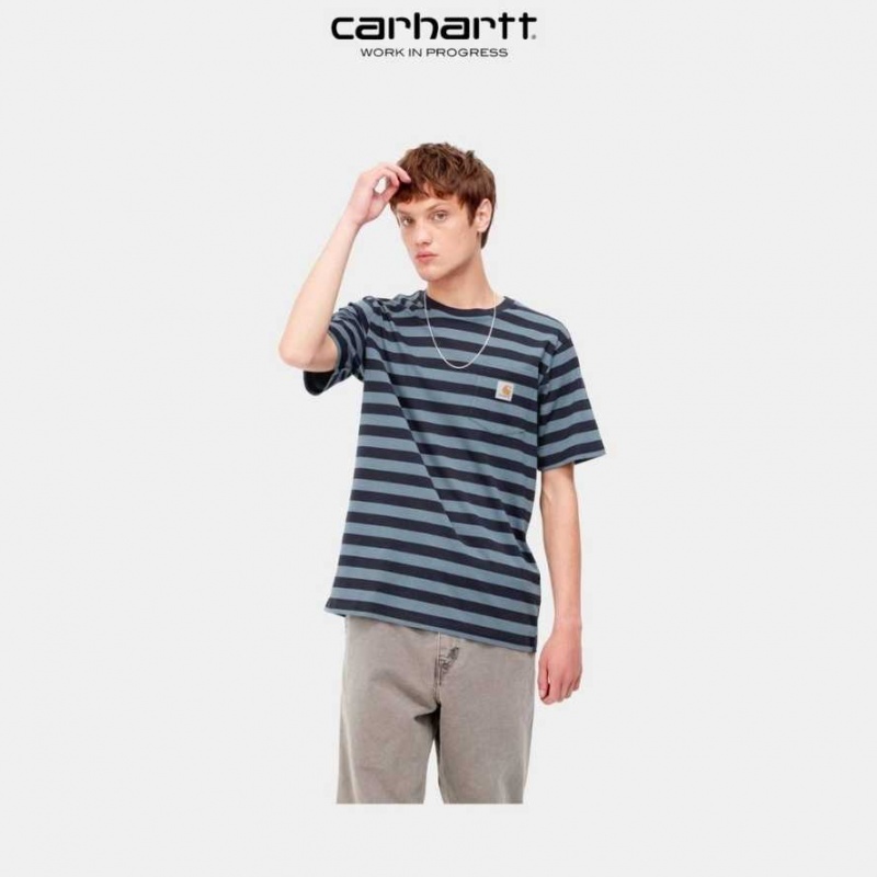 Carhartt Wip Merrick Stripe Pocket T-Shirt Dark Navy / Storm Blue | TH0002269