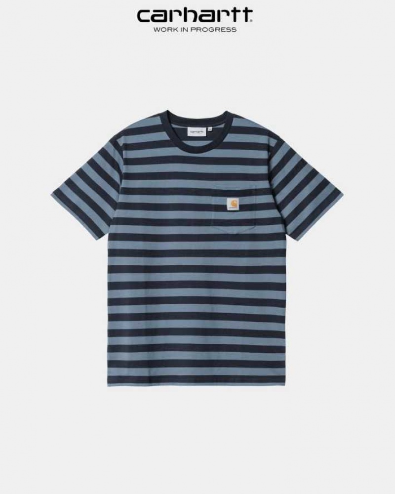 Carhartt Wip Merrick Stripe Pocket T-Shirt Dark Navy / Storm Blue | TH0002269